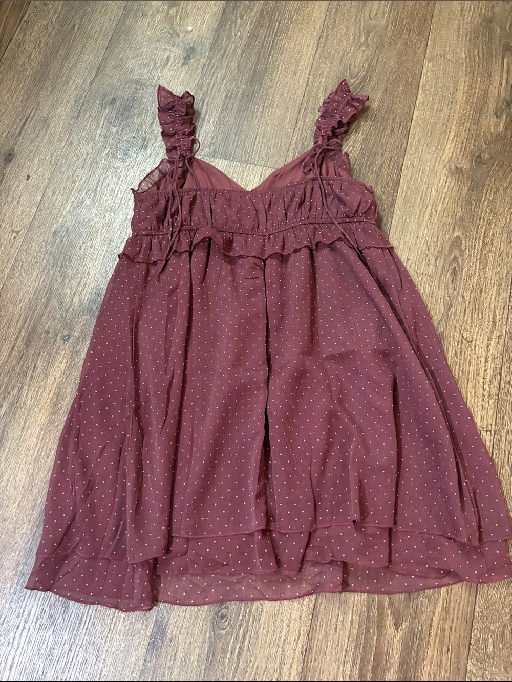 American Eagle Outfitters Burgundy Polka Dot Ruffle Strap Dress - Picture 6 of 6